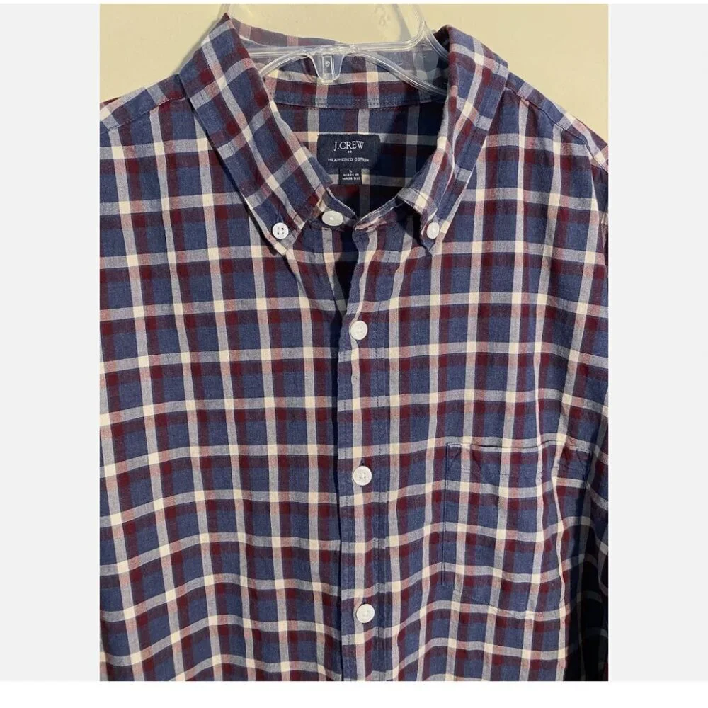 J.Crew Men's Heathered Cotton Blue Red White Plaid Pocket Button Up Shirt Size L